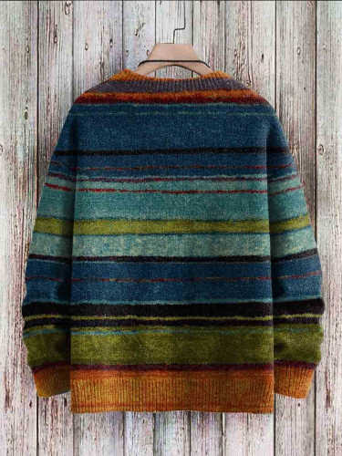 Vintage Stripe Art Print Casual Knit Pullover Sweater