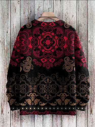 Vintage Multicolored Ethnic Art Pattern Print Casual Knit Pullover Sweatshirt