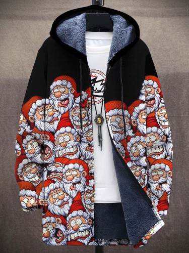Unisex Christmas Santa Print Plush Thick Long-Sleeved Sweater Cardigan Coat