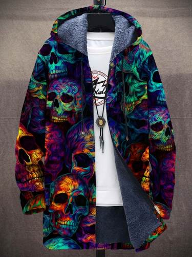 Multicolor Skull Print Plush Thick Long-Sleeved Sweater Cardigan Coat
