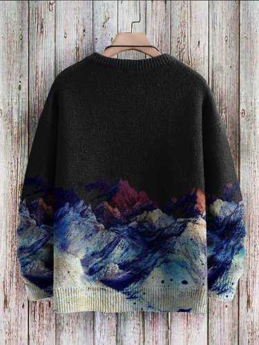 Art Mountain Print Casual Knit Pullover Sweater