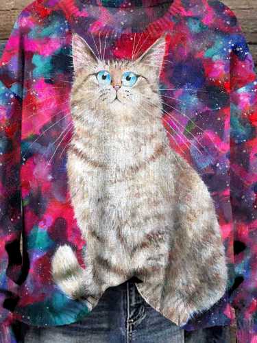 Cute Cat Print Knit Pullover Sweater