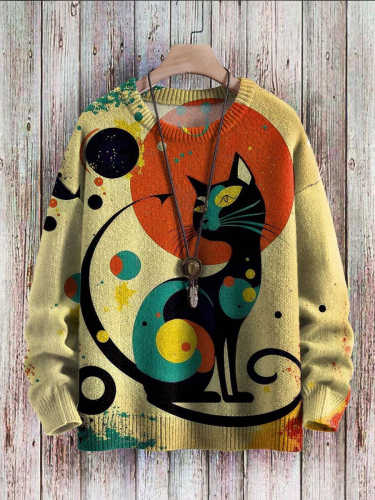 Funny Colorful Abstract Cat Art Pattern Print Casual Knit Pullover Sweater