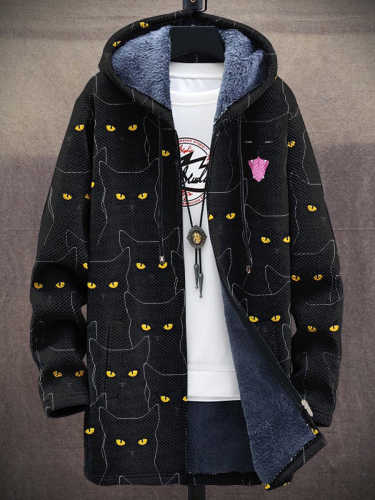 Men's Art Black Cat Gradient Plush Thick Long-Sleeved Sweater Coat Cardigan