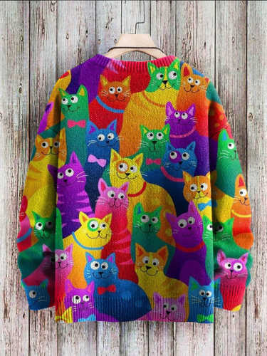 Multicolored Funny Cats Art Pattern Print Casual Knit Pullover Sweatshirt