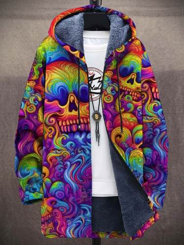 Colorful Skull Print Plush Thick Long-Sleeved Sweater Cardigan Coat