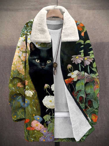 Black Cat Flowers Art Print Pattern Unisex Plush Thick Long-Sleeved Sweater Cardigan Coat