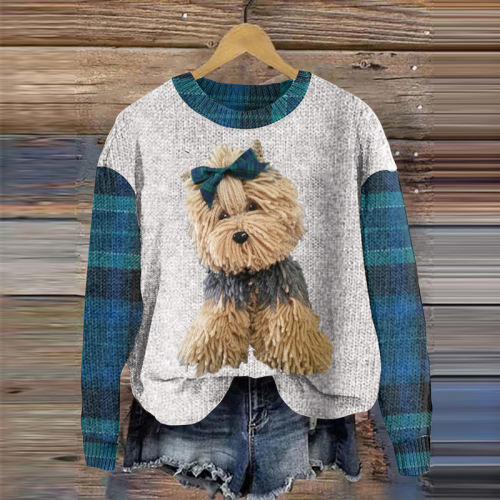 Cute Dog Plaid Round Neck Casual Cozy Printed Sweater