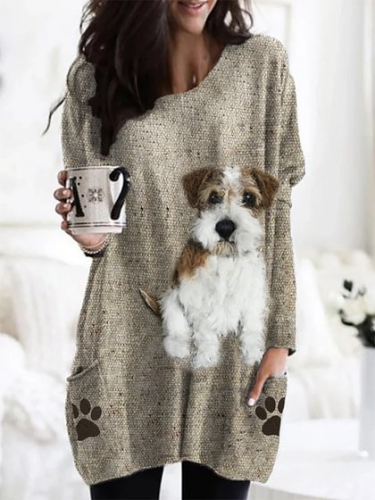 Women's Fluffy Wire Fox Terrier Dog Print Long Sleeve Tunic Top