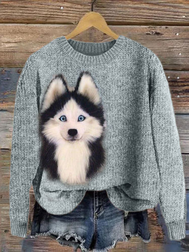 Fuzzy Husky Dog Plush Cozy Knit Sweater