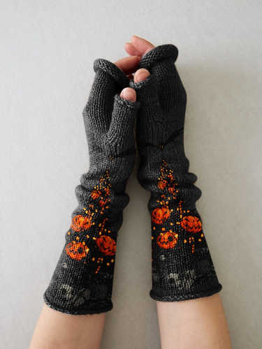 Halloween Pumpkin Harvest Tree Knit Fingerless Gloves