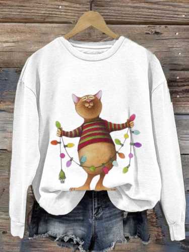 Women'S Cute Cat Print Crew Neck Casual Sweatshirt
