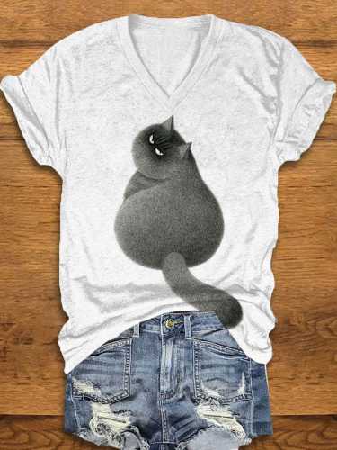 Women's Black Cat Print V-Neck T-Shirt