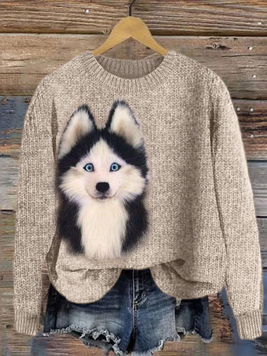 Fuzzy Husky Dog Plush Cozy Knit Sweater