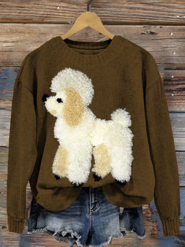 Cute Fluffy Dog Embroidery Art Cozy Knit Sweater