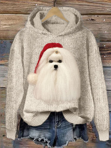 Christmas Maltese Dog Felt Cozy Knit Hoodie