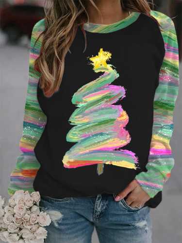 Women's Oil Painting Holiday Tree Print Long Sleeve Top
