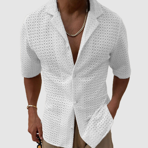 Men's summer hollowed-out sweater solid color lapel short sleeve knit shirt