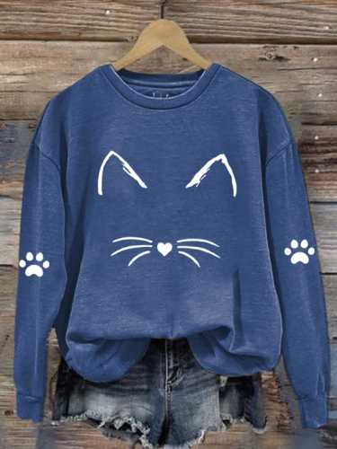 Women's Cat Face Print Casual Sweatshirt