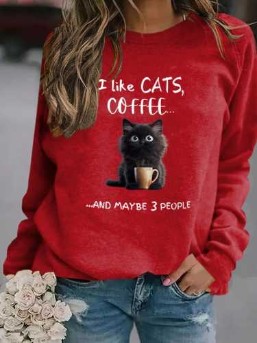 Women's I Like Cats And Coffee Print Casual Sweatshirt
