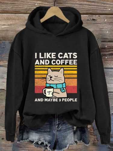 Women's I Like Cats Coffee And Maybe 3 People Print Casual Hoodie