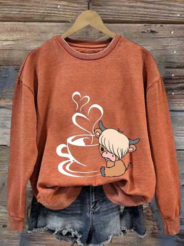 Women's Cute Highland Cow Coffee Printed Sweatshirt
