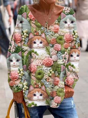 Women's Cute Cat Floral Print Casual Long Sleeve Top