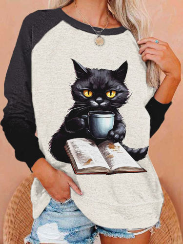 Cat Coffee Printed Crew Neck Casual Sweatshirt