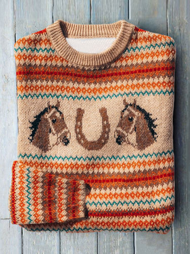 Vintage Horse Head Print Contrast Sweater