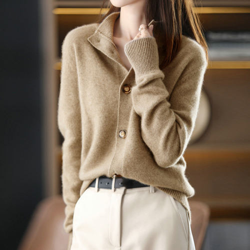 Solid Button Stand Collar Knitted Cardigan