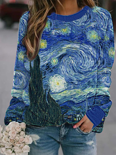 Van Gogh Starry Sky Printed Casual Pullover