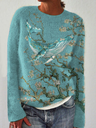 Almond Blossom Inspired Whale Art Cozy Sweater