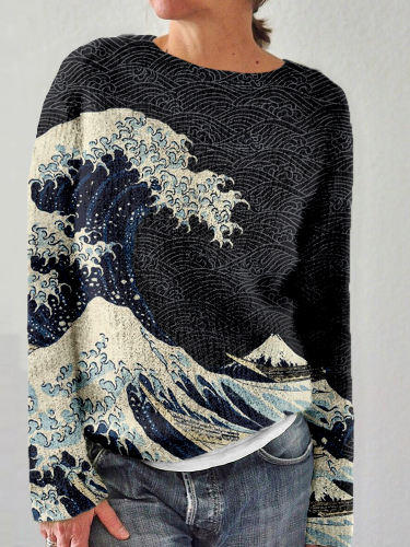 Japanese Wave Inspired Graphic Crew Neck Comfy Sweater
