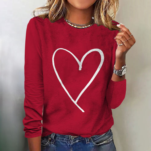 Love Heart Print Round Neck Long Sleeve T-Shirt