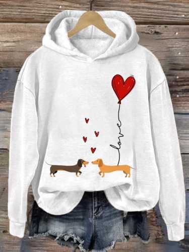 Women's Dachshund Couple With Love Heart Valentine's Day Casual Hoodie