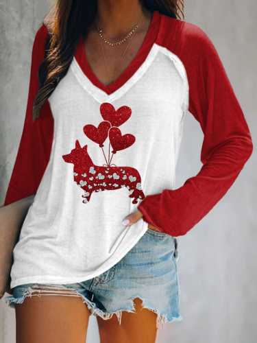 V-neck Valentine's Day Balloons Corgi Heart Print T-Shirt