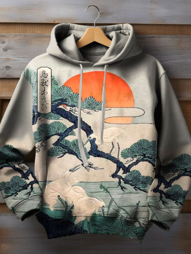 Men's Ukiyoe Art Sunset Pine Tree Crane Print Hooded Sweatshirt