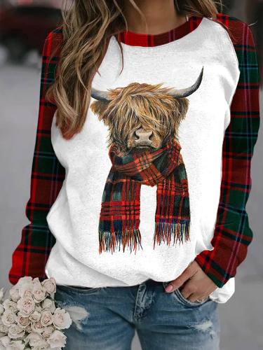 Highland Cow Plaid Print Sweatshirt
