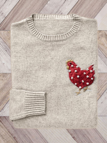 Lovely Polka Dot Chicken Embroidery Art Knit Sweater