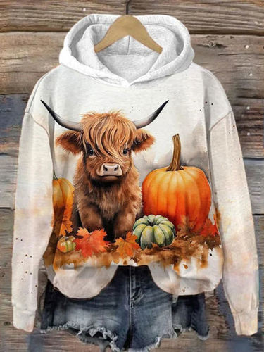 Women's Winter Highland Cow Print Casual Hooded Sweatshirt