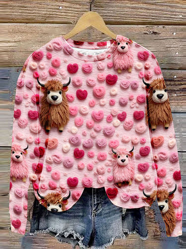 Valentine's Day Highland Cow Heart Print Sweatshirt