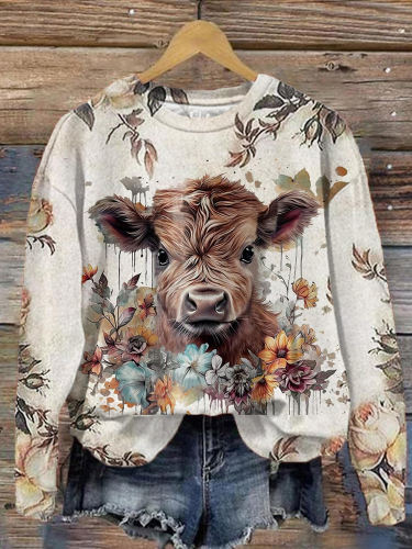 Cow Print Crew Neck Long Sleeve Sweatshirt