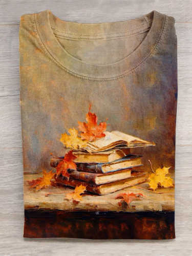 Autumn Art Still Life Book Oil Painting Art Print Casual T-Shirt