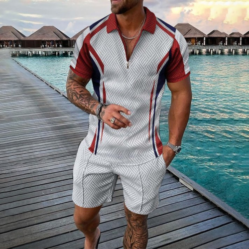 Men's Color Matching Print Sleeve Polo Shirt And Shorts Co-Ord