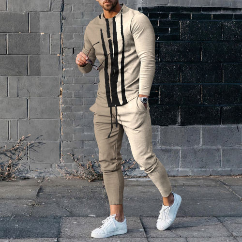 Fashion Men's Abstract Line Long Sleeve T-Shirt And Pants Co-Ord