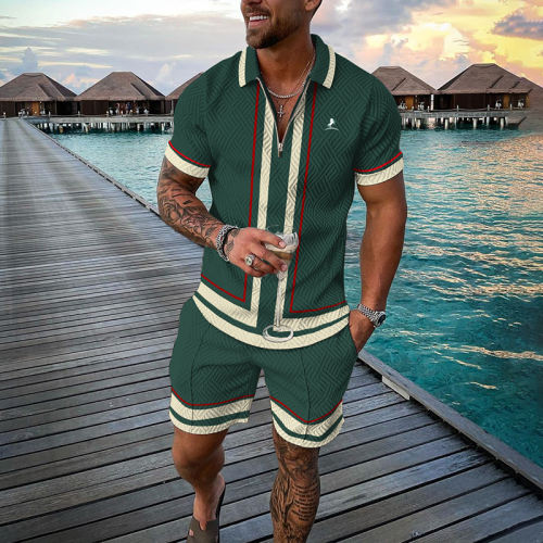 Striped Color Matching Green Short Sleeve Polo Shirt And Shorts Co-Ord