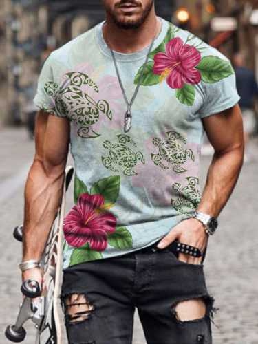 Men's Hawaiian Turtle Hibiscus Flower Print T-Shirt