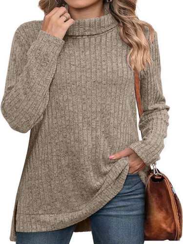 High neck open long-sleeved loose casual T-shirt top