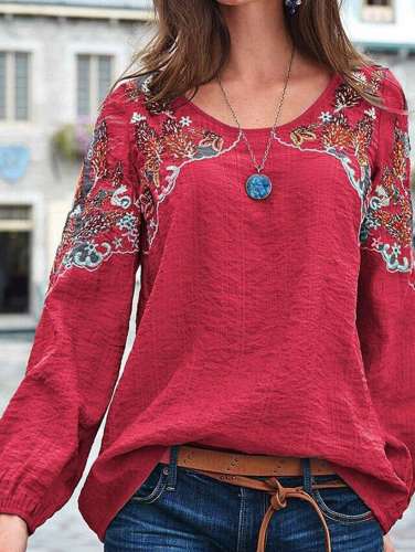 Women's cotton and linen embroidered ethnic shirt