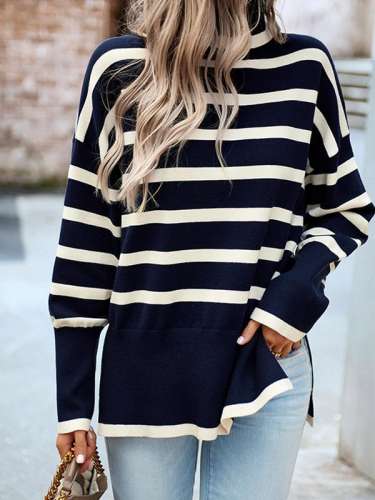 Women's Casual Striped Turtleneck Sweater Knitted Top